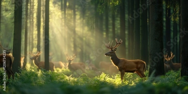 Fototapeta Herd of deer gracefully roaming through a tranquil forest, embodying nature's serene beauty.