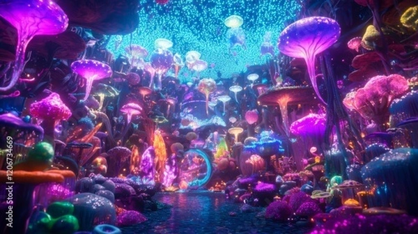 Fototapeta Enchanted Fantasy Landscape with Colorful Mushrooms, Glowing Foliage, and Mystical Waterway Under Bright Stars