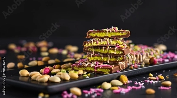 Fototapeta Chocolate bars with yellow filling, colorful sprinkles, scattered nuts on a dark background. Concept of gourmet desserts and indulgent treats. Ai generative