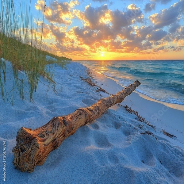 Obraz Serene Beach at Sunset with Soft Clouds and Golden Light
