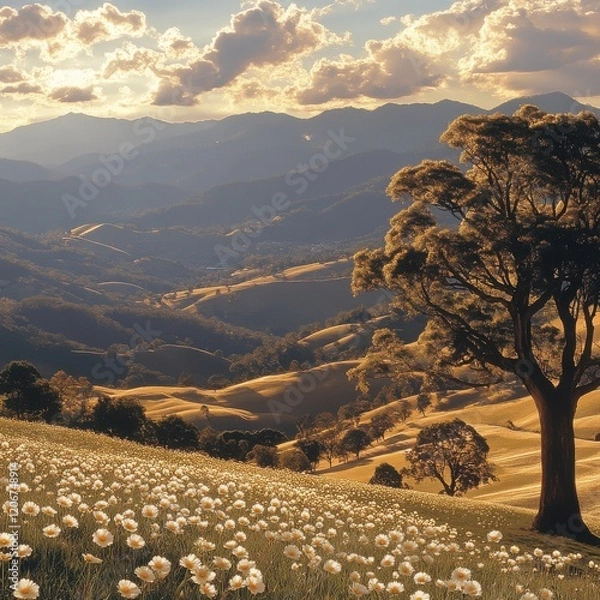 Obraz Tranquil Morning in a Golden Meadow with Soft Clouds