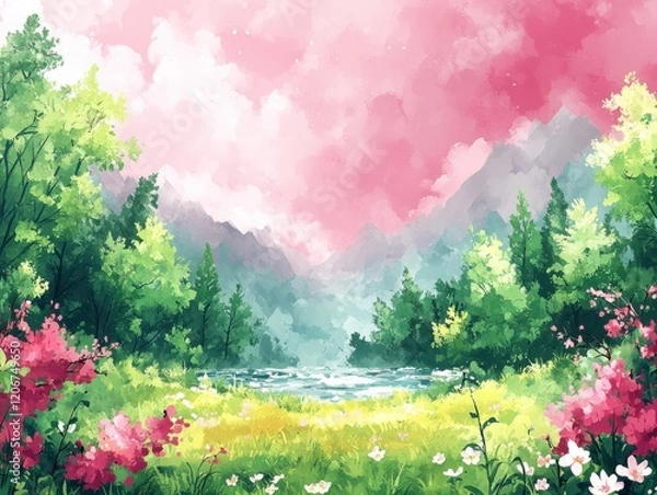 Obraz Tranquil Dusk Scene: Vibrant Pink Sky over Meadow with Soft Waves