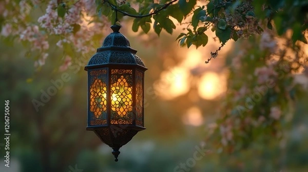 Fototapeta Illuminated Lantern Hanging From Blossoming Tree Branch