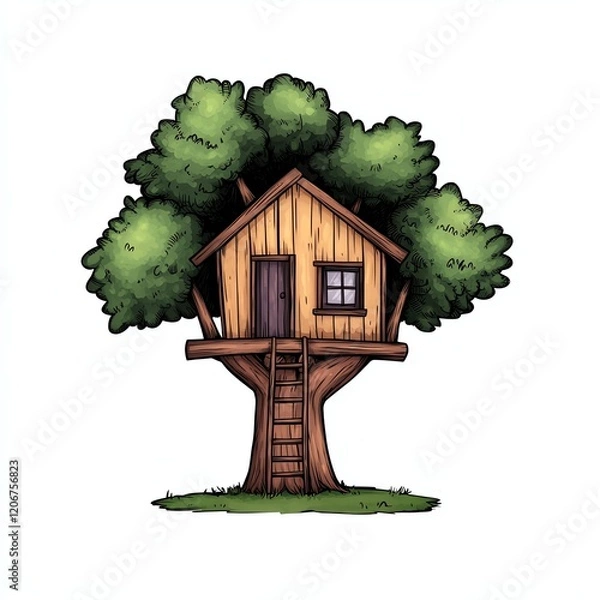 Obraz A charming, illustrated treehouse with a wooden structure, nestled among lush green leaves, evoking nostalgia and imagination.