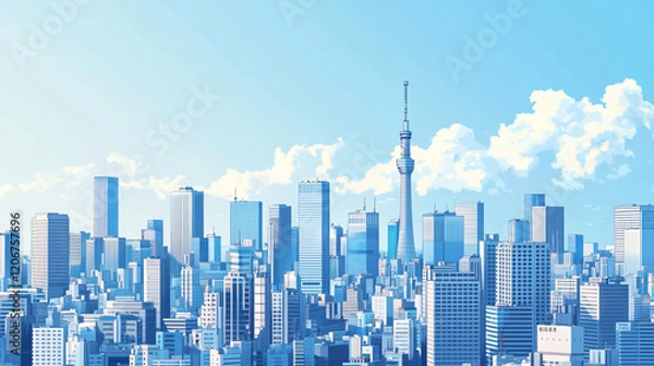 Fototapeta Modern skyline of Tokyo under a clear blue sky featuring iconic structures and skyscrapers