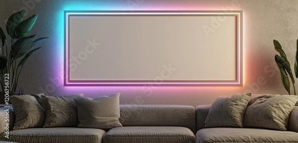 Fototapeta Living room frame mockup glowing with dynamic lighting from a sofa perspective.