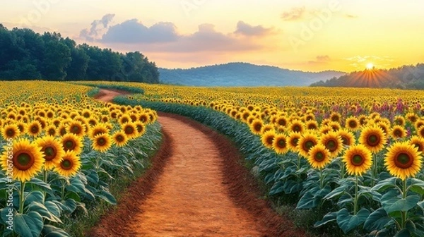 Obraz Serene Journey Through Sunflower Field: Scenic Dirt Path with Wildflowers at Pastel Sunset