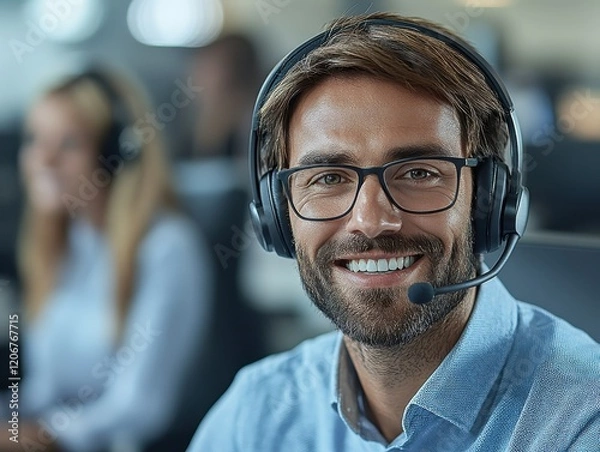Obraz Active tech support agent typing quickly, headset on, solving customer issue with focus, modern office setting, copy space for professional and fast IT support service