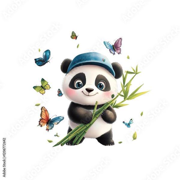 Fototapeta Adorable Panda Cub with Bamboo and Butterflies