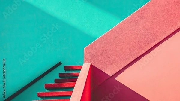 Fototapeta Diagonal Stairs with Aqua and Crimson Walls in Modern Design