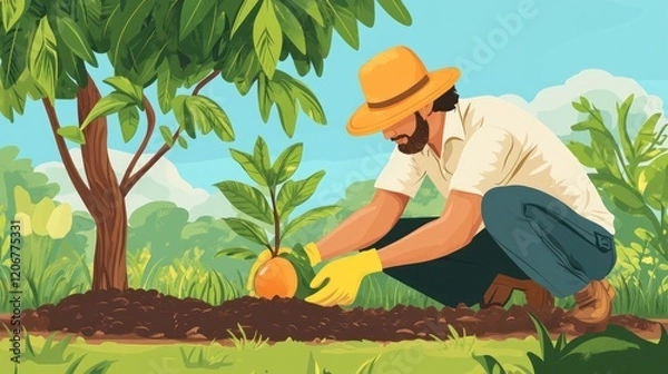 Fototapeta A person planting a young tree in a lush garden setting.