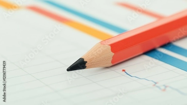 Fototapeta A close-up of a sharpened red pencil resting on a lined sheet, with colorful graph lines in the background, suggesting a focus on creativity or analysis.