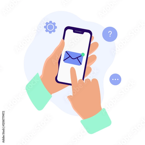 Fototapeta image hand holding phone and сhecking messages smartphone. Concept vector illustration. Notification on smartphone screen. Unread new message. Sending messages phone