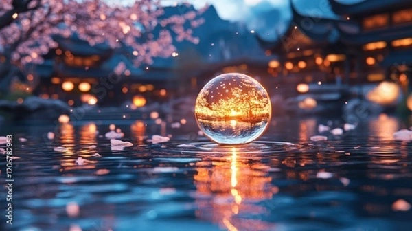 Fototapeta Chinese Paper Lantern Floating Serenely on Nighttime River