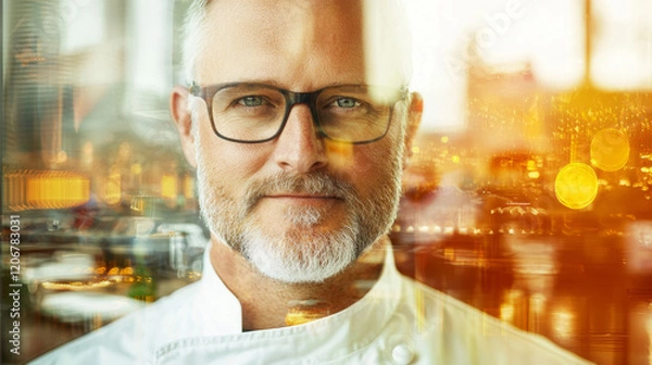 Obraz Chef in gourmet kitchen with vibrant city backdrop, showcasing culinary passion