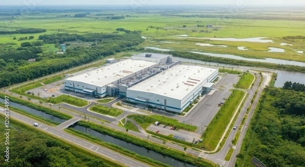 Obraz Aerial view of a large industrial warehouse surrounded by lush green fields, roads, and small water canals, showcasing a modern facility