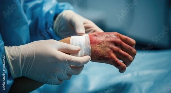 Obraz A nurse or medical professional bandages a severely burned hand, wearing protective gloves in a sterile environment with a focus on patient care.
