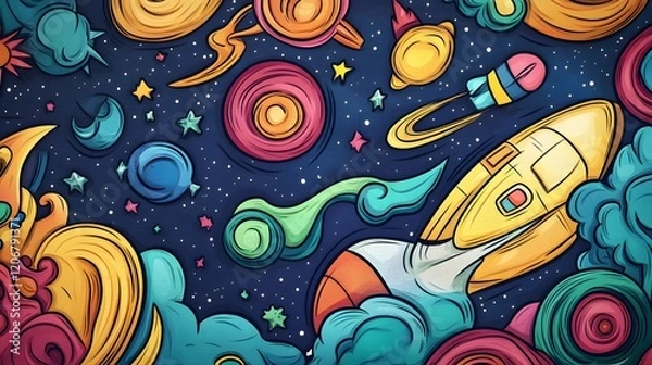 Fototapeta Colorful Cartoon Rocket Soaring Through Space Among Planets and Stars