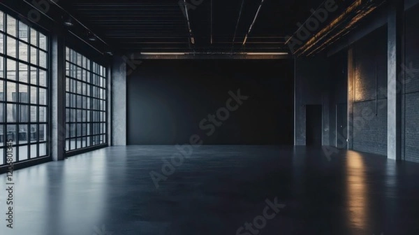Obraz a dark, empty room with a modern, industrial design. The walls, ceiling, and floor are all black or dark gray, giving the space a sleek and minimalist appearance
