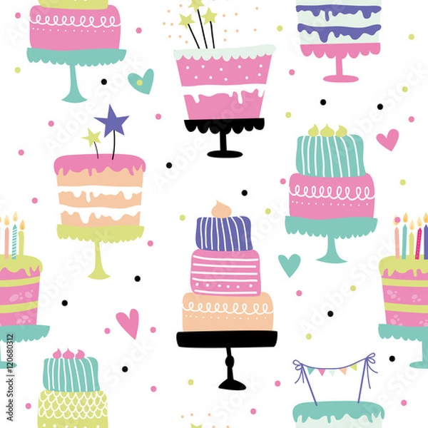 Fototapeta Cute vector seamless pattern with birthday cakes
