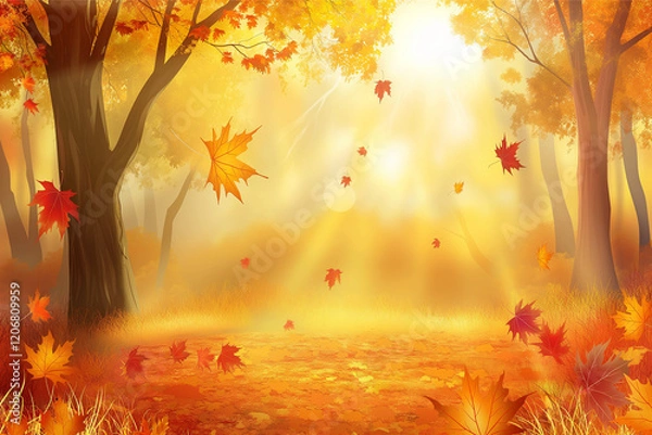 Fototapeta Autumn Forest with Falling Leaves in Warm Sunlight

