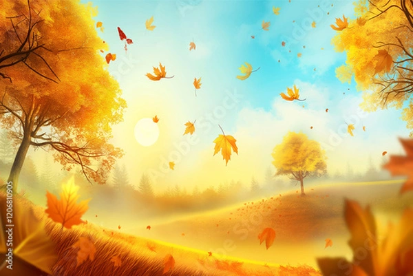 Fototapeta Autumn Forest with Falling Leaves in Warm Sunlight

