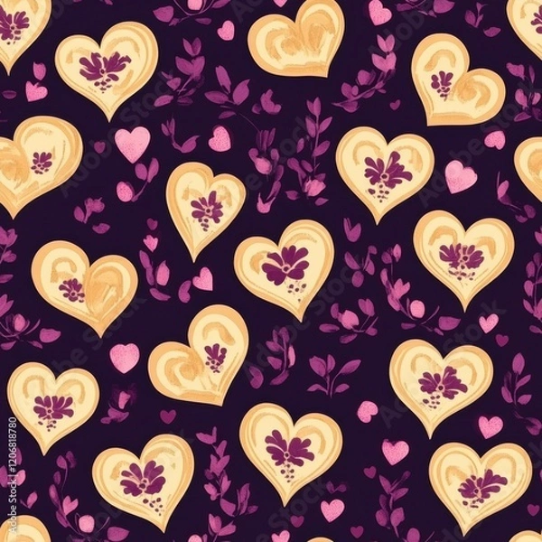 Fototapeta Pale yellow hearts with magenta floral motifs seamless pattern, repeating pattern, dark plum background, valentine pattern 