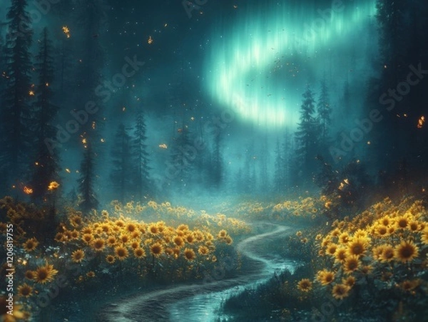 Fototapeta Enchanting Aurora Over Sunflower Field Path on Summer Day