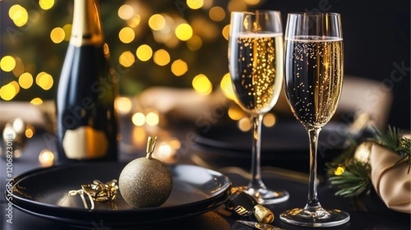 Fototapeta A classy New Year's Eve theme with subtle golden sparkles on a black canvas, leaving a large blank zone. 