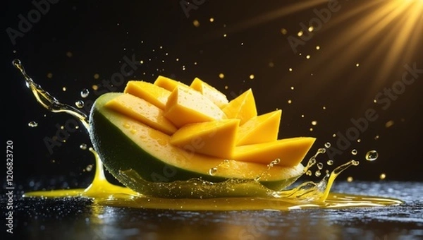 Obraz Ripe cut mango with water splash on dark background