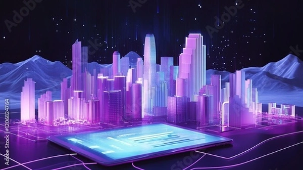 Fototapeta Glowing iPad Displays Financial Charts: Abstract Marketing Background for Shopping Festival. Dynamic Curves, Blue-Purple Light Streams, Transparent Architecture, Snowy Mountains, and Geometric Shapes 