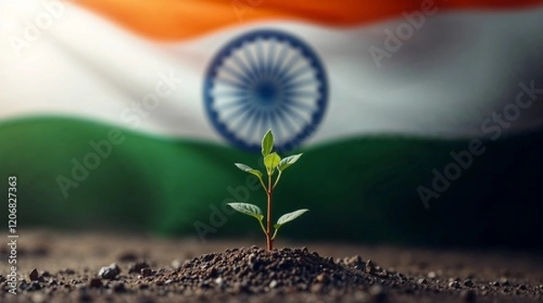 Fototapeta Indian flag with a small sapling in soil symbolizing growth and hope for the future
