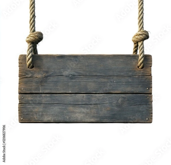 Fototapeta Rustic wooden sign hanging on ropes.