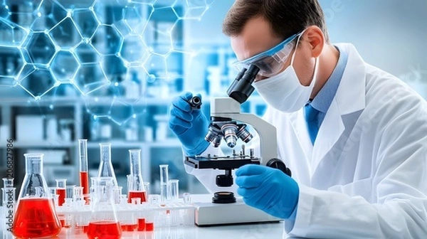 Obraz Scientist investigating samples under microscope in laboratory scientific research modern environment close-up perspective