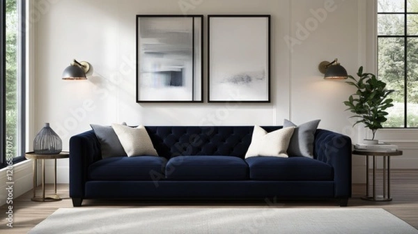 Fototapeta Navy velvet sofa in modern living room, sunlight streaming through window, artwork on wall, interior design inspiration