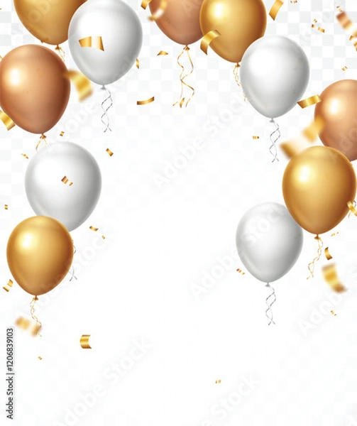 Obraz Gold confetti and ribbon celebrations balloons, isolated on transparent background