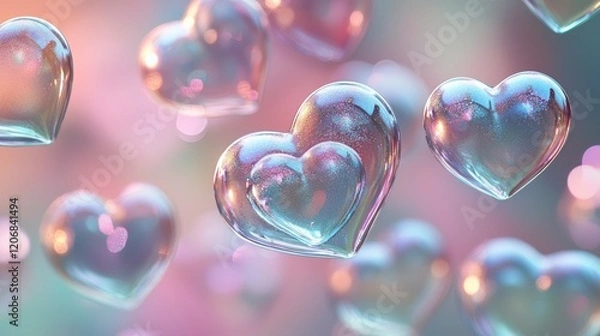 Fototapeta Iridescent bubble hearts floating, pastel background, central copy space