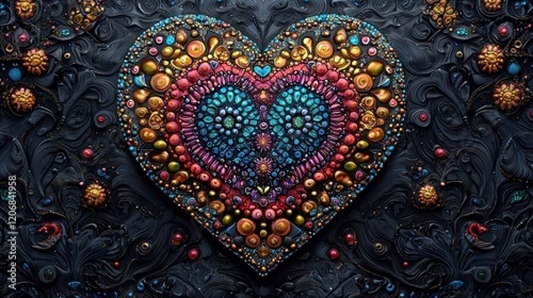 Fototapeta Kaleidoscopic heart mandala on dark background, intricate details
