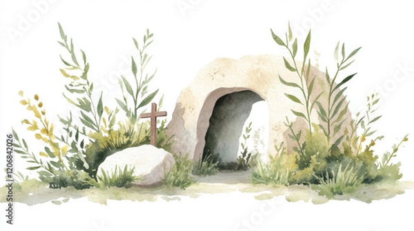 Fototapeta Watercolor easter tomb with cross and greenery - symbolizing resurrection and hope