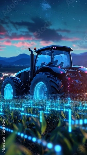 Fototapeta Smart Farming Revolution: 3D Cartoon Tractor on Laptop with Glowing Blue-Purple Hologram. Online Agricultural Management System in Futuristic Rural Landscape with Cornfields and Mountains.