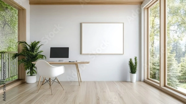 Fototapeta spacious home office with modern desk, computer, and plants