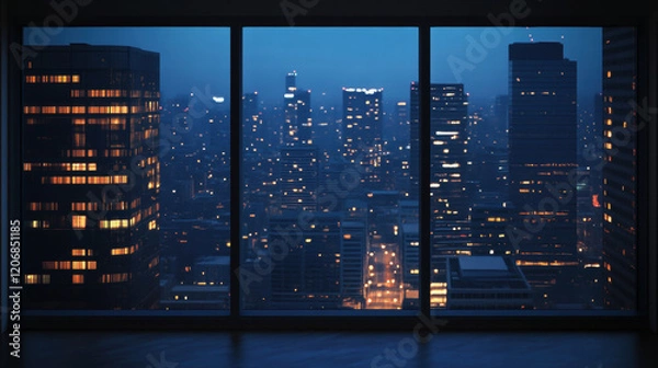 Fototapeta Night city window view scenery landscape interior inspiration backdrop wallpaper