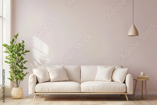Fototapeta Minimalist living room with a beige couch, leafy plant, and wooden side table, all under soft, chill lighting creating a relaxed and stylish atmosphere