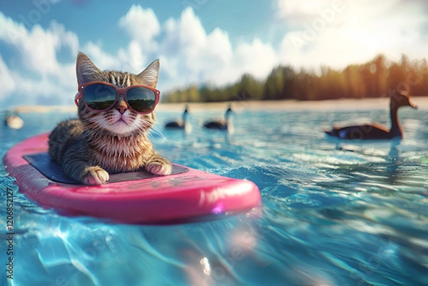 Obraz Cheeky cat rocking sunglasses, relaxing on a pink paddleboard in the ocean, with ducks and a distant shoreline creating a playful, carefree scene