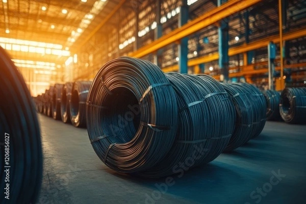 Fototapeta High-Resolution Image of Coiled Steel Wire Rods in an Industrial Warehouse for Manufacturing and Construction Use