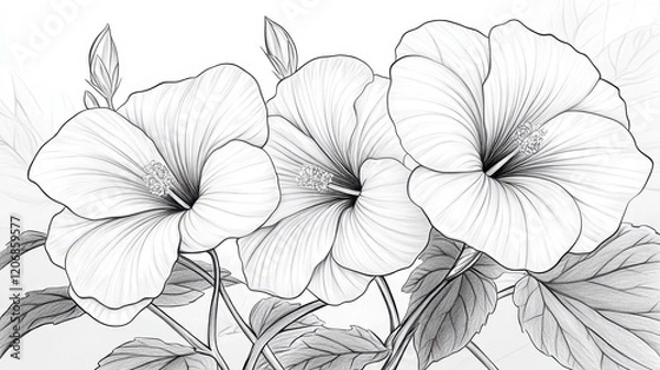 Fototapeta Create beautiful hibiscus flowers with this engaging coloring page full of intricate outlines and whimsical designs for endless creativity