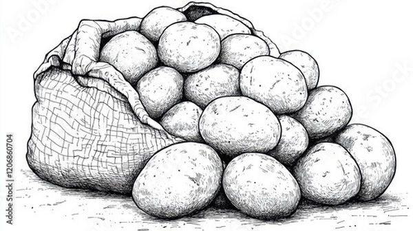 Fototapeta Creative coloring page featuring a sack filled with fresh and organic potatoes on a textured surface