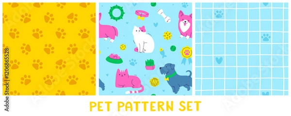 Fototapeta Cute pet patterns collection. Cartoon cats and dogs vector prints set. Colorful pet patterns.