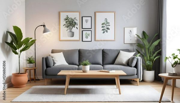 Fototapeta ai of living room grey sofa design and photos frame on wall and wooden floor and wooden table