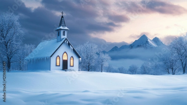 Fototapeta Charming Small Church Covered in Blanket of Fresh Snow Amidst Scenic Winter Landscape